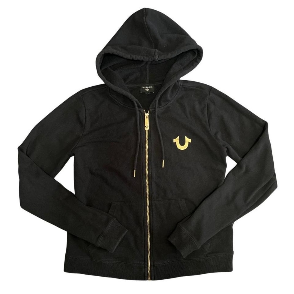 Y2K‎ True Religion Black Zip Up Hoodie Jacket with Gold Detailing
